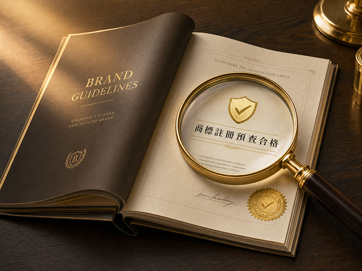 商標註冊預查:以放大鏡檢視品牌指南手冊,確認商標中文名稱可註冊