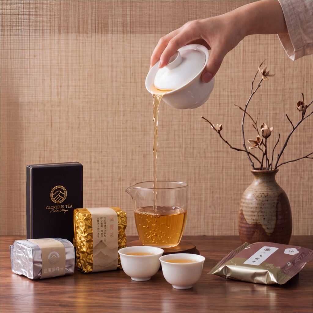 高覺茶中秋禮盒茶葉沖泡情境照,搭配真空茶磚與品牌包裝