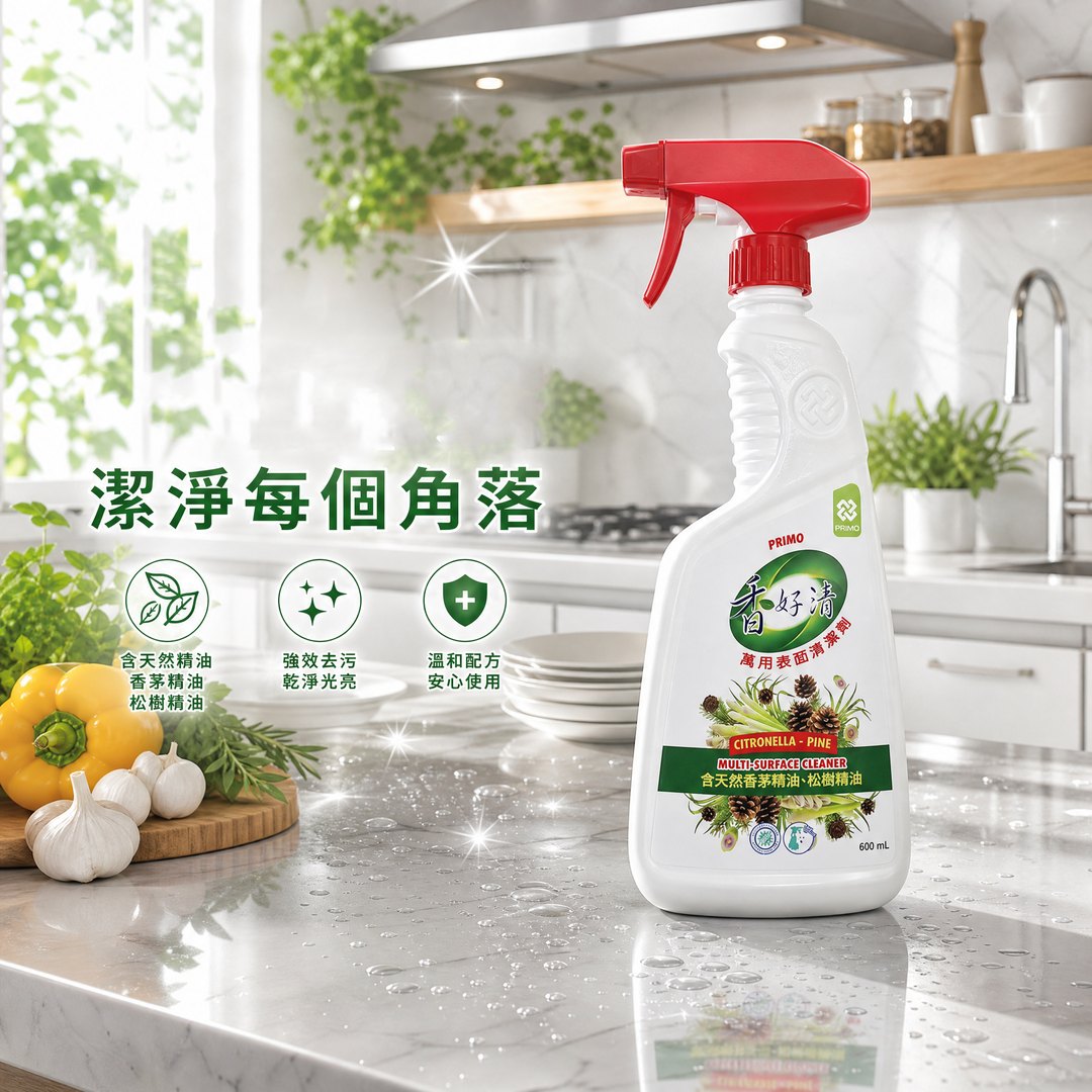 杰曦生活館社群貼文設計:PRIMO 香好清萬用表面清潔劑,廚房料理台居家情境