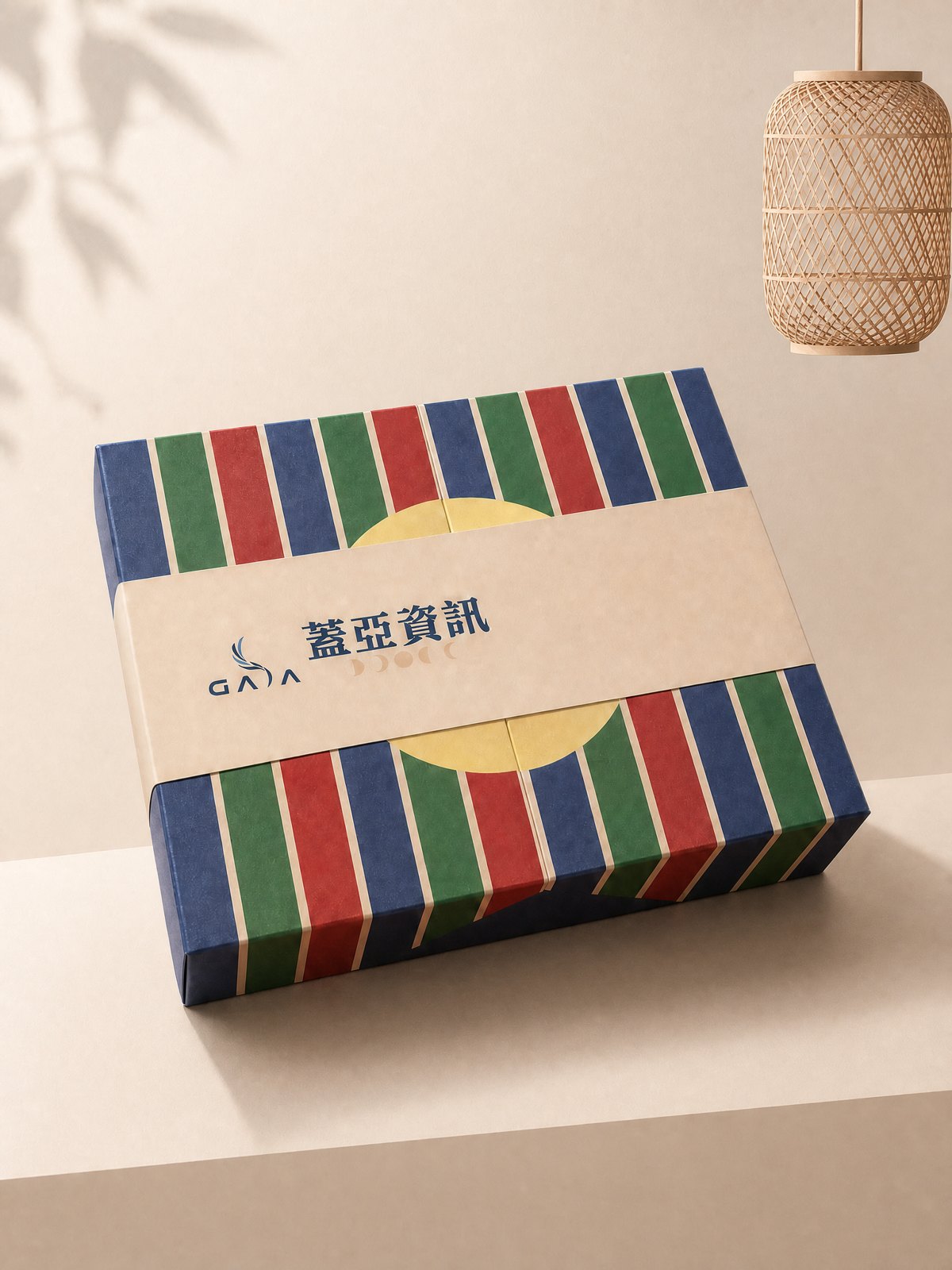 蓋亞資訊中秋禮盒 外盒設計 蓋亞資訊中秋禮盒外盒,深藍底配紅綠條紋與燙金月亮圖案的精裝盒