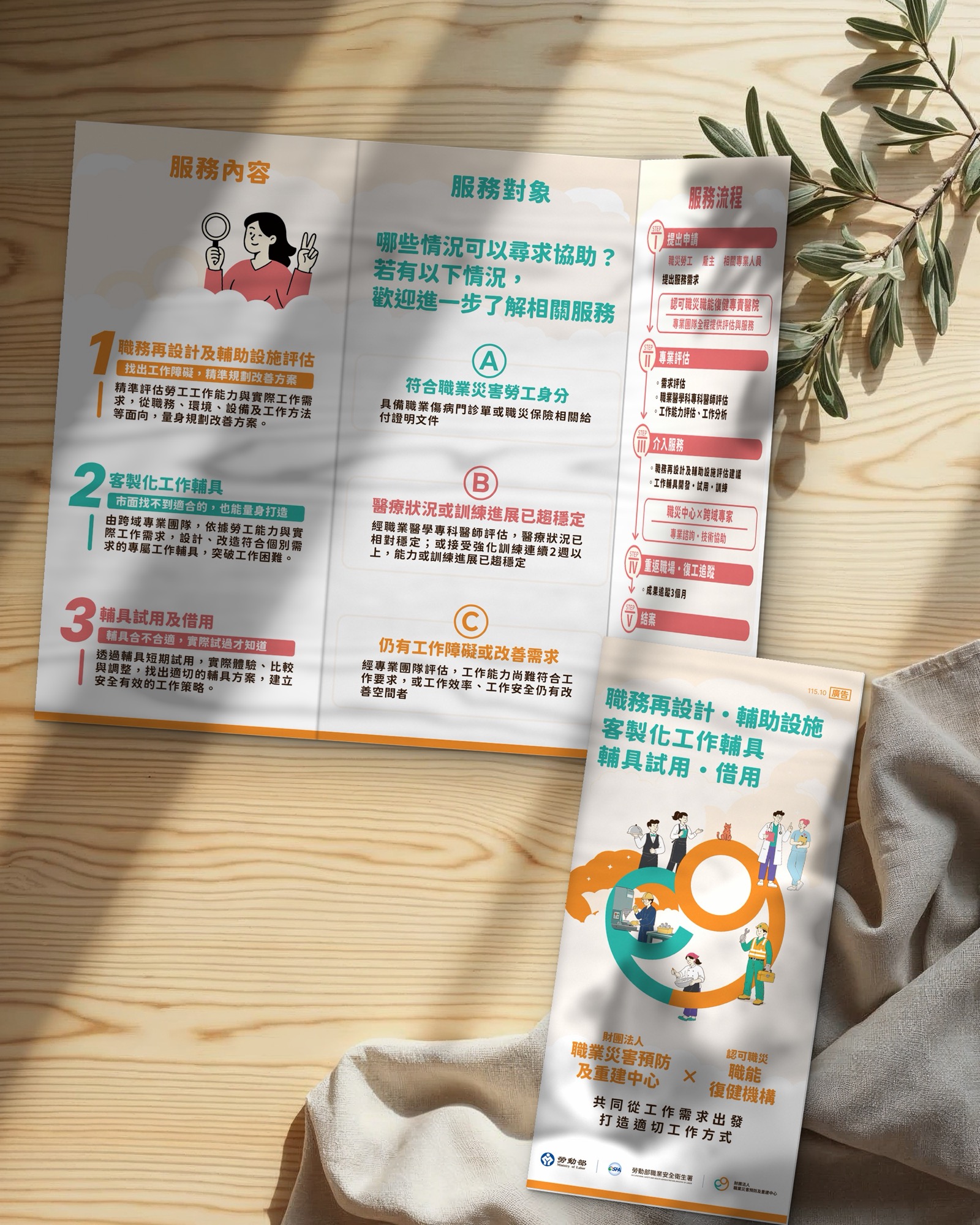工作輔具三摺 DM 半開展示服務內容、服務對象與服務流程,旁邊是摺好的 DM 封面 工作輔具三摺 DM 半開展示服務內容、服務對象與服務流程,旁邊是摺好的 DM 封面