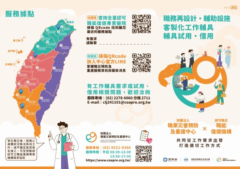 工作輔具 DM 正面:服務據點地圖、聯絡資訊與封面「職務再設計・輔助設施・客製化工作輔具」