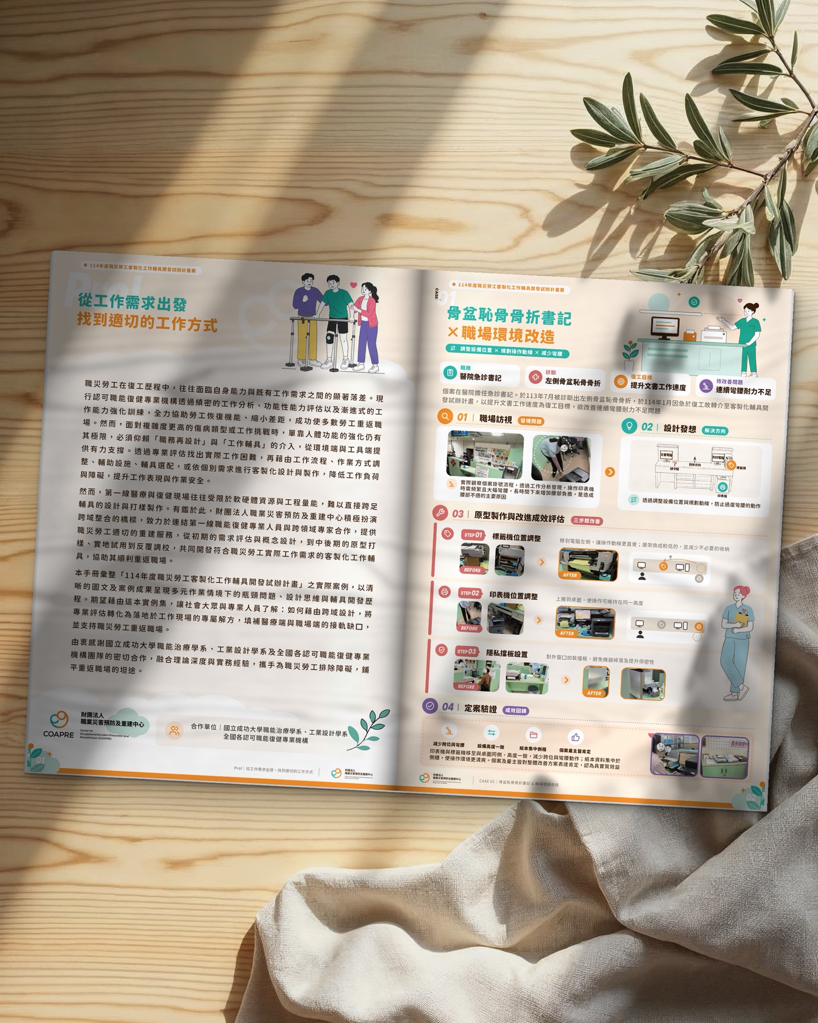成果手冊前言與個案一跨頁,骨盆恥骨骨折書記的職場環境改造圖文編排 成果手冊前言與個案一跨頁,骨盆恥骨骨折書記的職場環境改造圖文編排