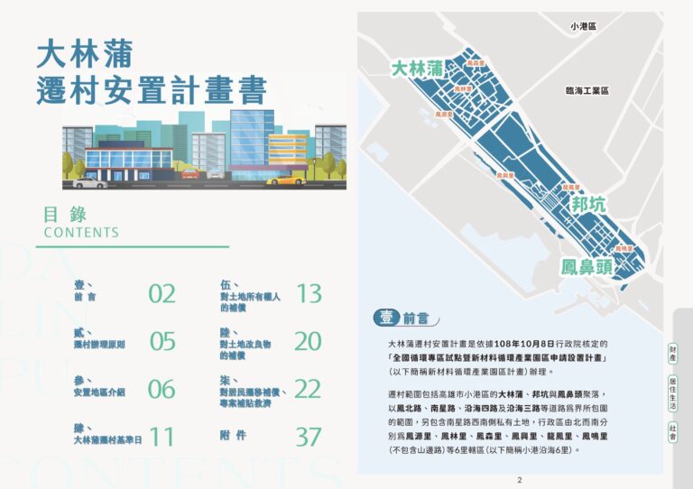 手冊第 2–3 頁:目錄與大林蒲、邦坑、鳳鼻頭遷村範圍地圖