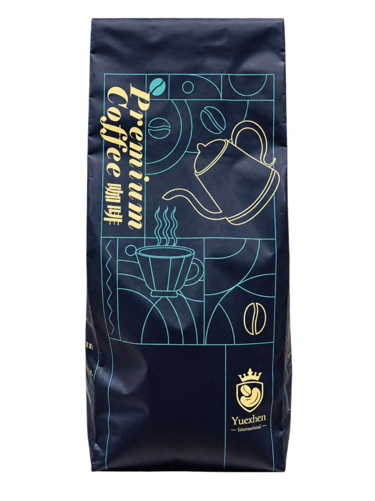 Premium Coffee 咖啡豆袋正面去背,深藍底金色線條手沖壺與咖啡杯插畫