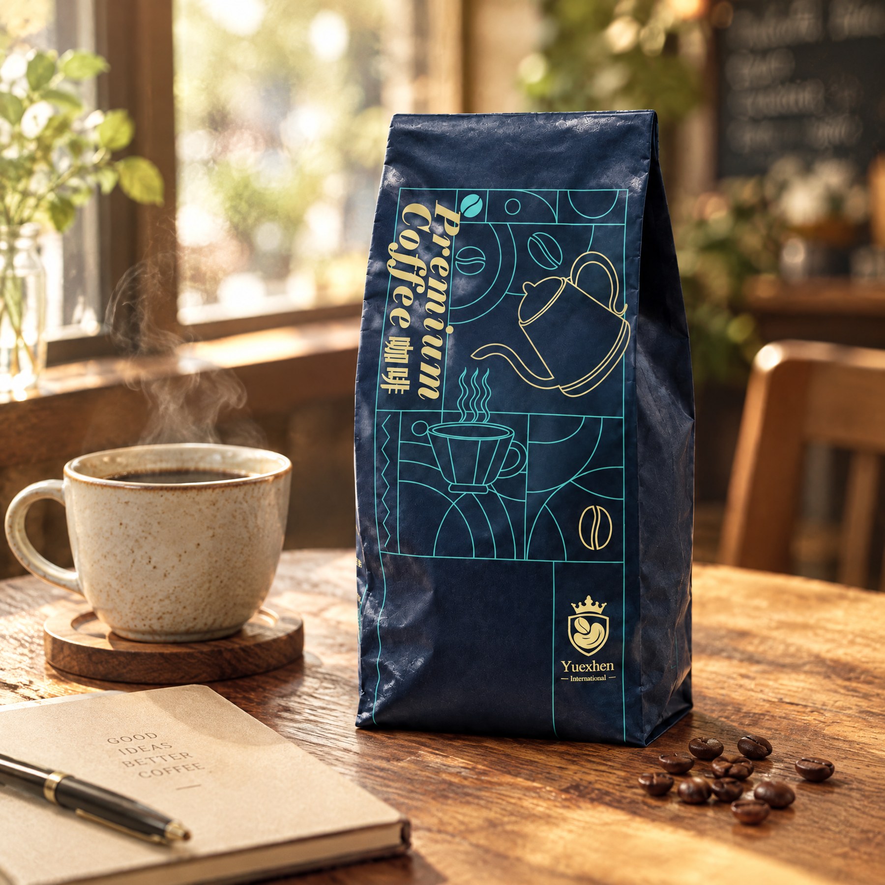 越珍咖啡 Premium Coffee 深藍咖啡豆包裝放在咖啡館木桌上,咖啡豆包裝設計情境圖 越珍咖啡 Premium Coffee 深藍咖啡豆包裝放在咖啡館木桌上,咖啡豆包裝設計情境圖