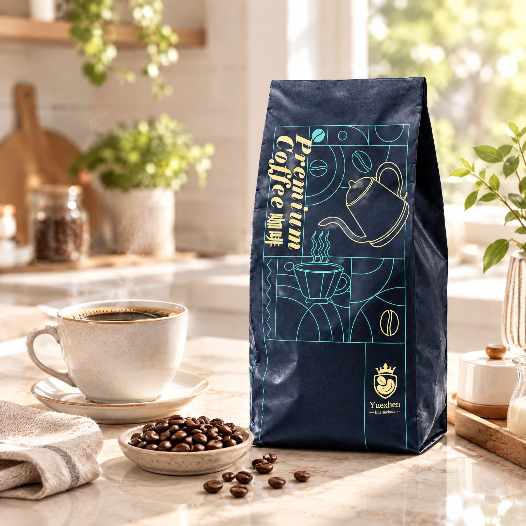 Premium Coffee 深藍線稿插畫咖啡豆袋放在廚房檯面,咖啡包裝設計 Premium Coffee 深藍線稿插畫咖啡豆袋放在廚房檯面,咖啡包裝設計